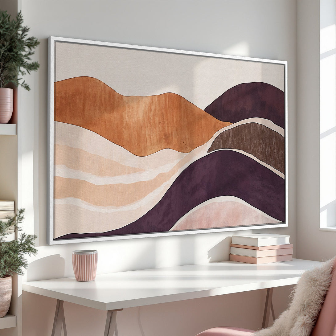Framed Wall Art featuring abstract landscape art in warm earth tones. Modern Canvas Print adds a touch of elegance to any interior space.