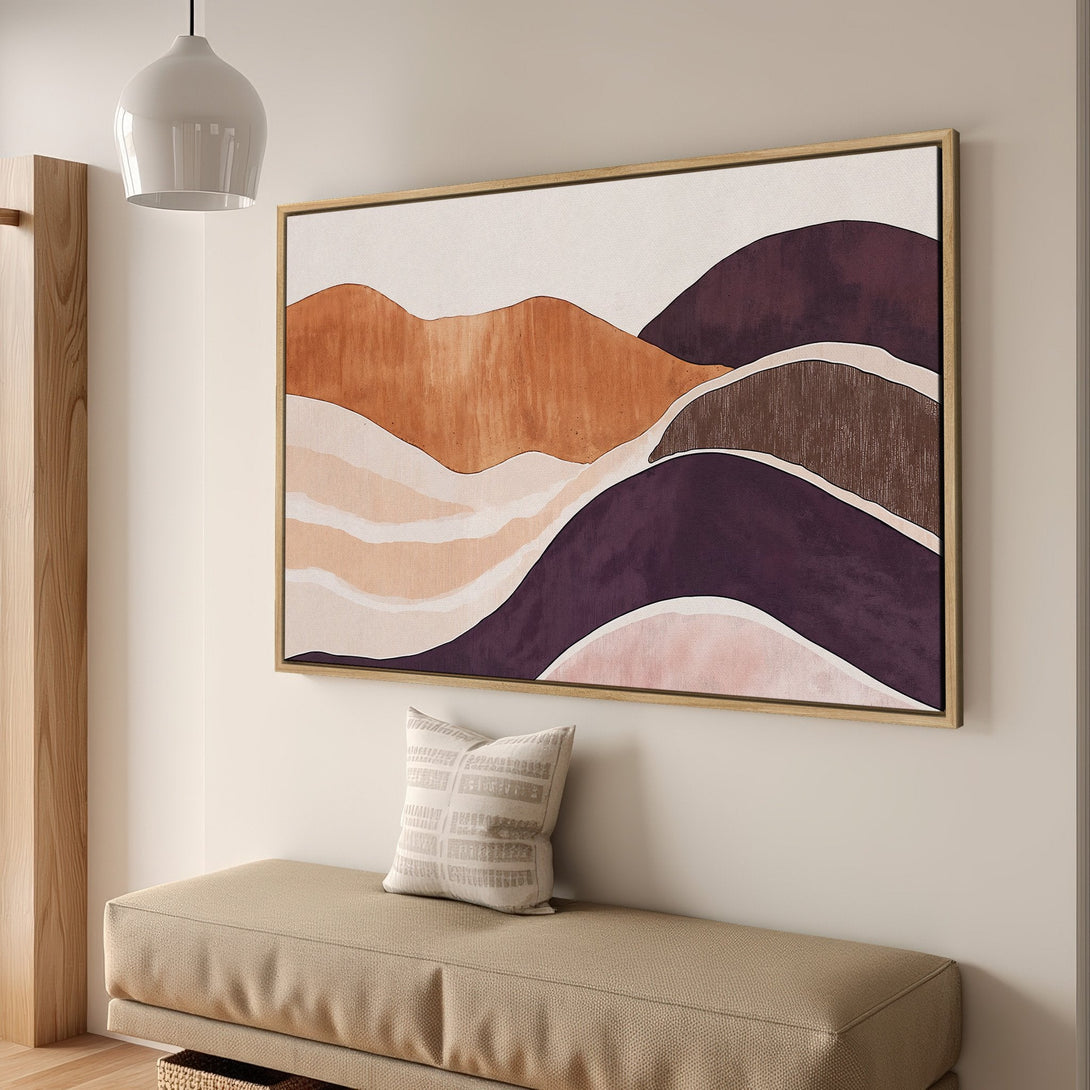 Framed Wall Art featuring abstract mountain landscape in warm earth tones. Modern art for home decor.
