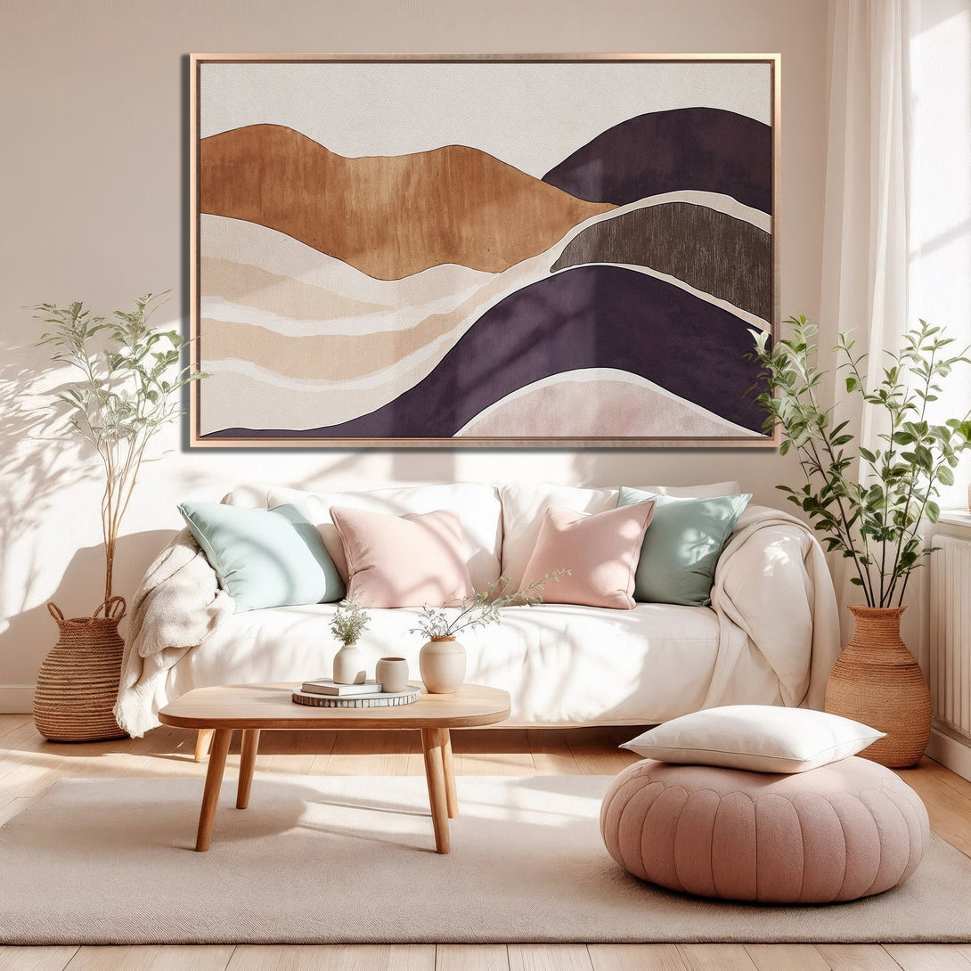 Framed Wall Art: Abstract landscape Canvas Print in warm earth tones. Modern art decor for living room, featuring beige, brown, and purple hues.