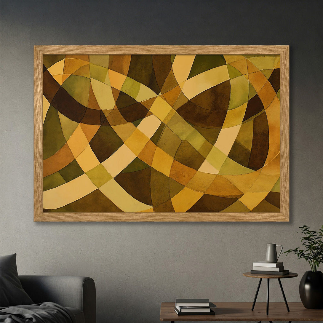 Framed Poster featuring abstract geometric art in warm earth tones. Perfect wall decor for a modern home.