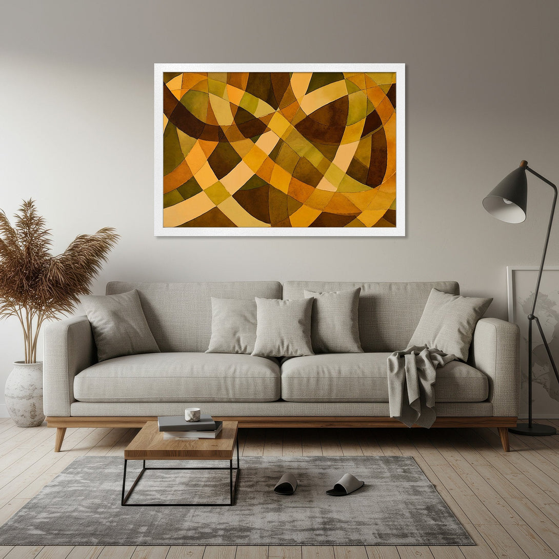 Framed Poster featuring an abstract geometric design in warm earth tones. Perfect art for any living room!