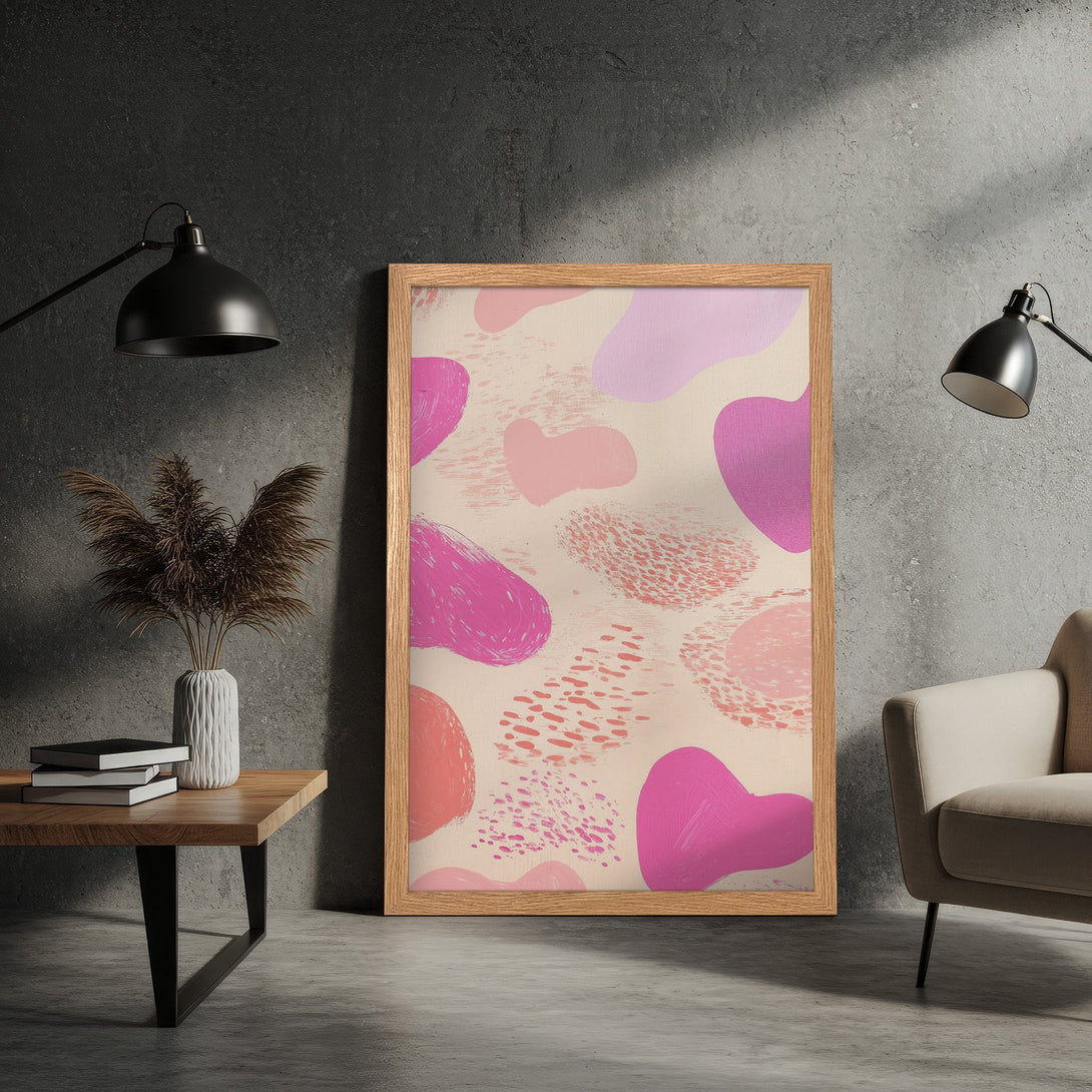 Framed Poster featuring abstract art in pink and peach tones. Modern art print perfect for home decor.