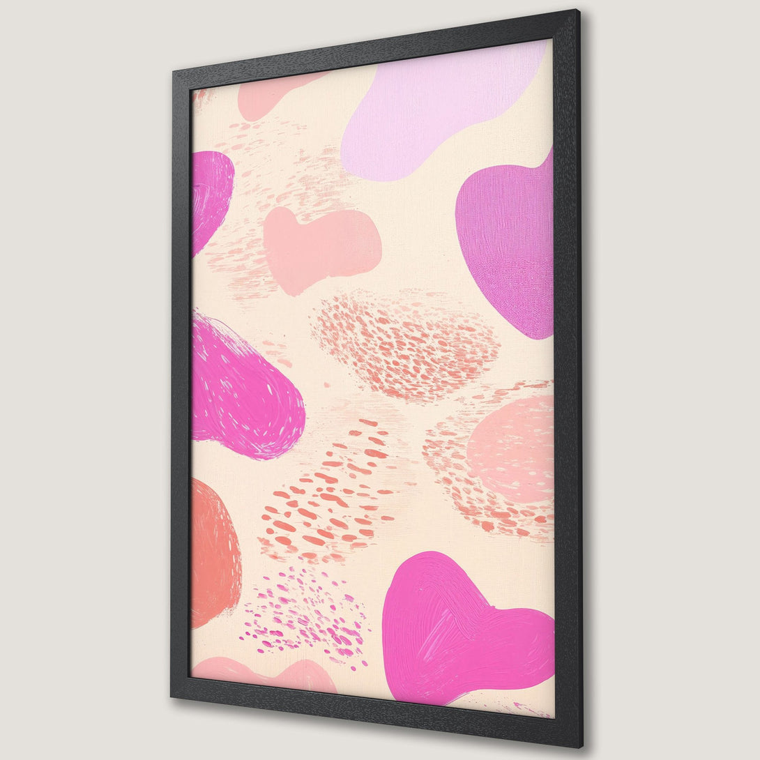 Framed Poster featuring abstract art in pink and peach hues. Modern style, perfect wall decor.
