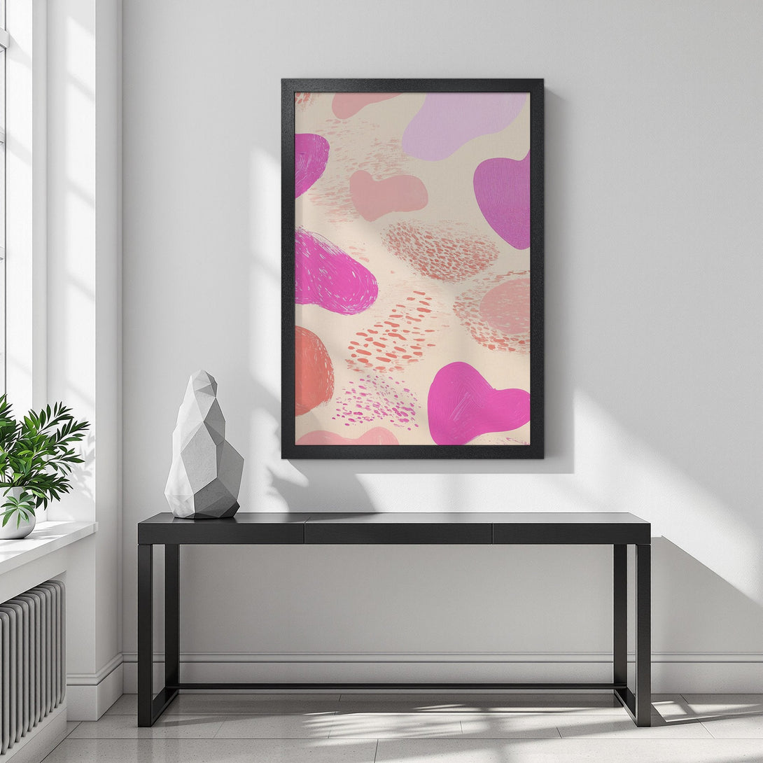 Framed Poster featuring abstract art with pink and purple shapes on a neutral background. Modern style, perfect wall decor.