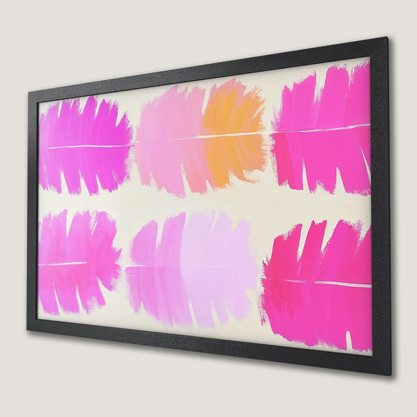 Framed Poster featuring abstract brushstrokes in pink and orange hues, modern art style, perfect wall decor.