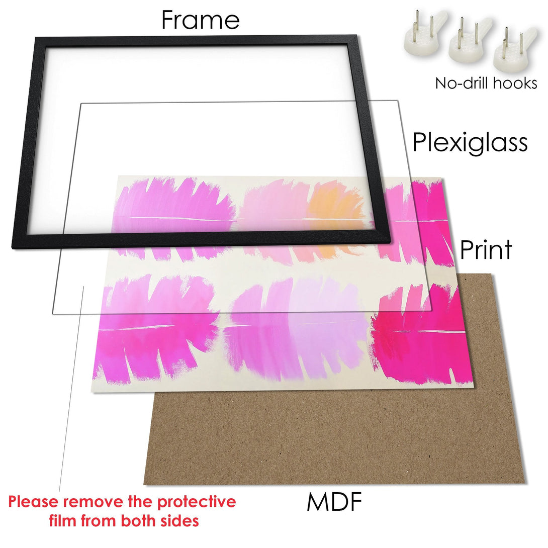 Framed Poster with abstract brushstroke art in pink and peach tones. Modern wall decor.