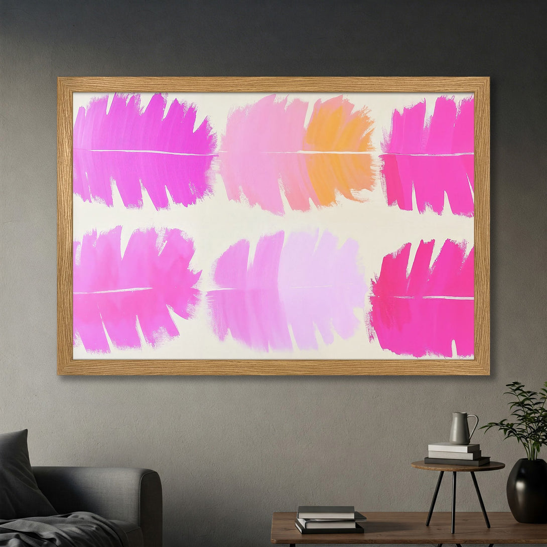 Framed Poster featuring abstract pink brushstrokes on a neutral background. Modern art print with a vibrant, colorful palette.