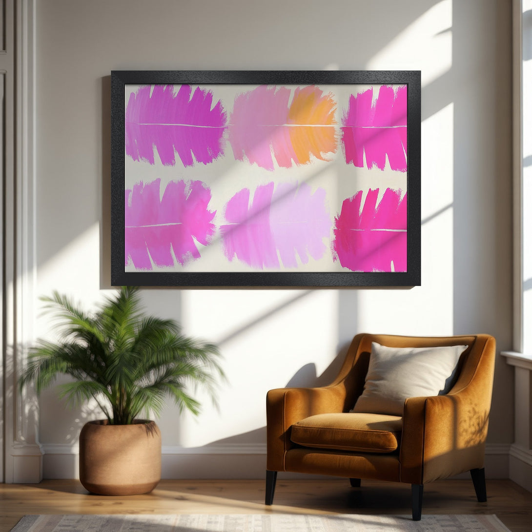 Framed Poster featuring abstract brushstrokes in pink and orange hues. Modern art style, vibrant color palette. Perfect wall decor!