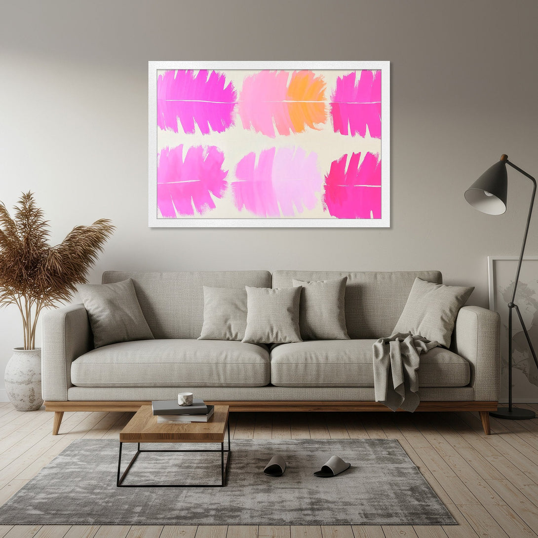 Framed Poster featuring abstract art in a vibrant pink and orange color palette, perfect for adding a pop of color to any space.