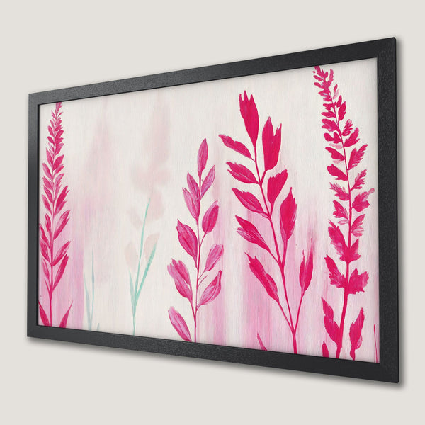 Framed Poster featuring abstract floral art in pink and white hues. Modern wall decor for any space.