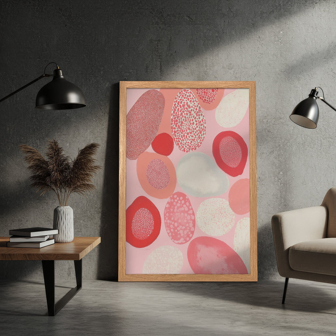 Framed Poster featuring abstract organic shapes in pink, red, and white, perfect for modern decor. Shop this stunning art print!