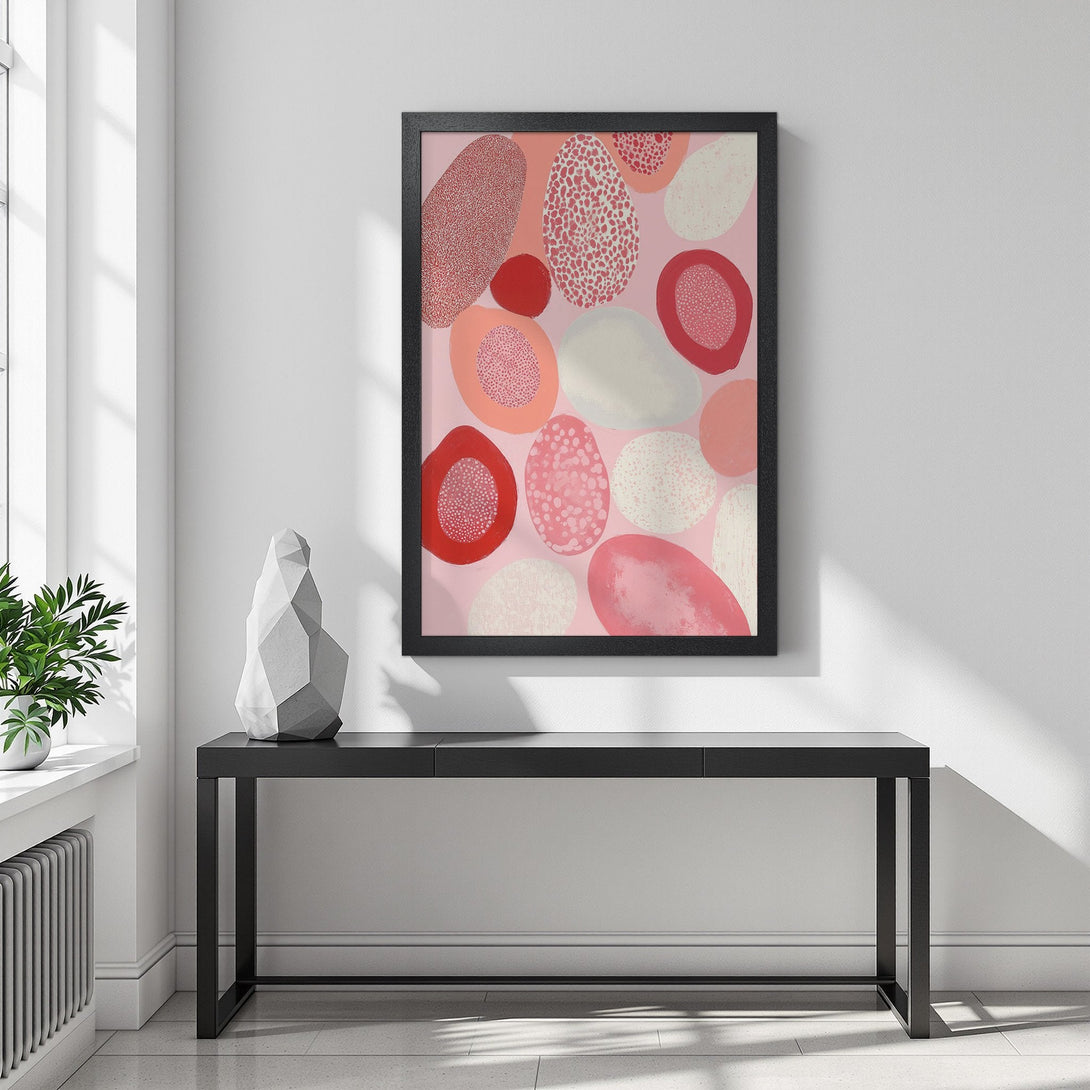 Framed Poster featuring abstract shapes in a pink, red, and neutral color palette. Modern art for your home decor.