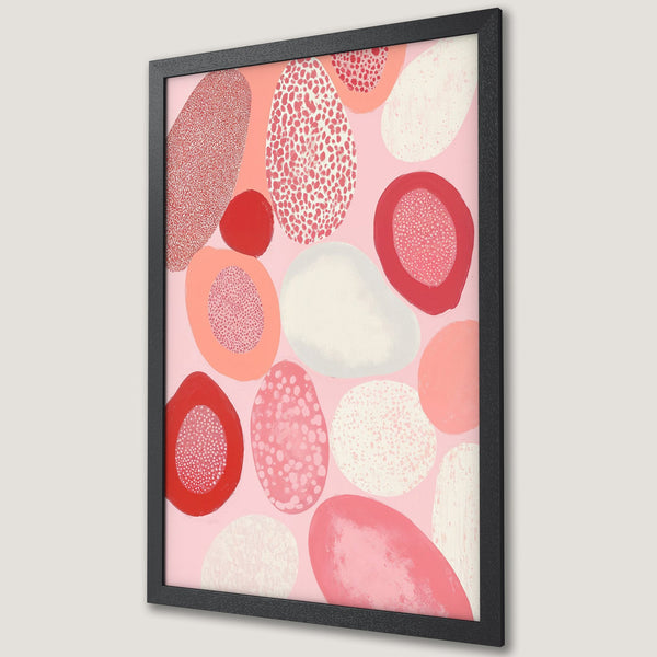 Framed Poster featuring abstract organic shapes in red, pink, and white on a pink background. Modern art print for home decor.