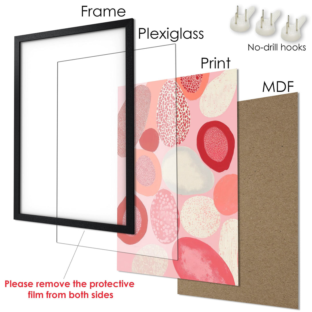 Framed Poster with abstract pink and red shapes. Modern art style, soft color palette, ready to hang and brighten your space.