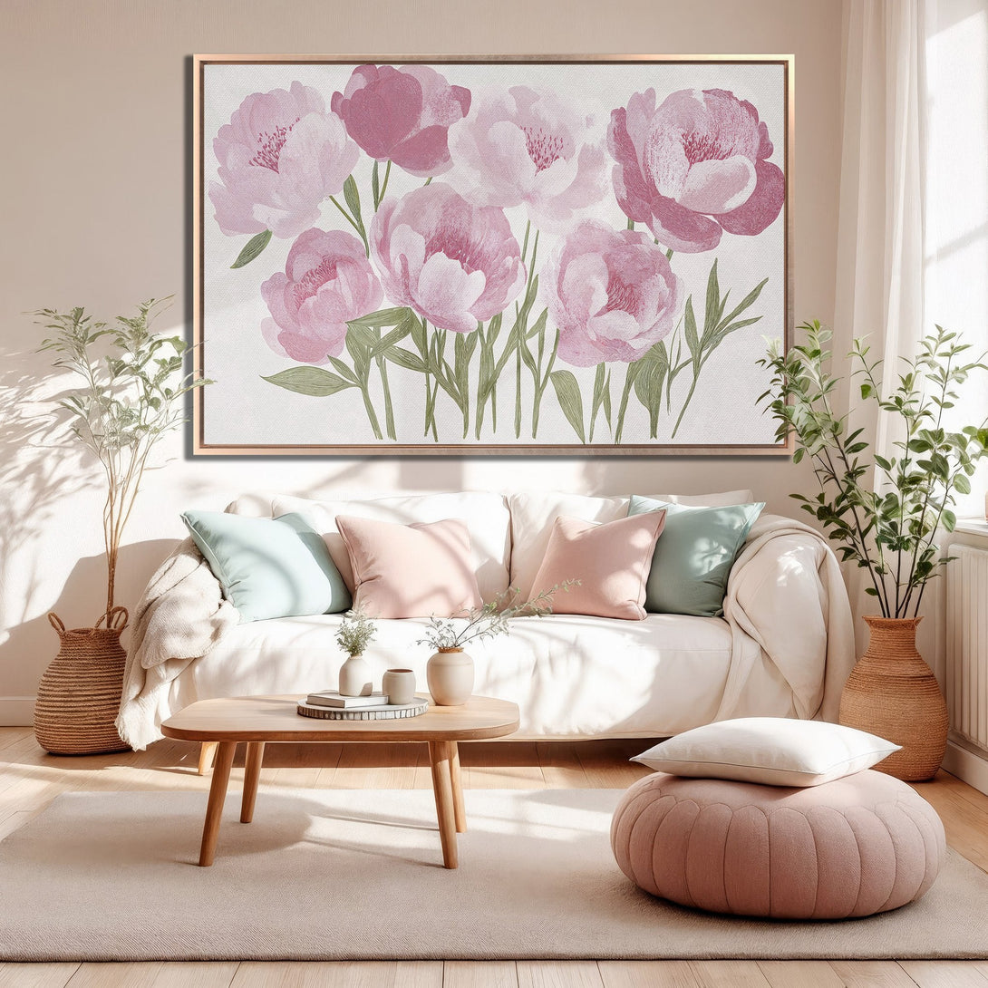 Framed Wall Art featuring elegant pink peony flowers. Soft, watercolor style with a blush and neutral color palette. Perfect for adding a touch of floral beauty.