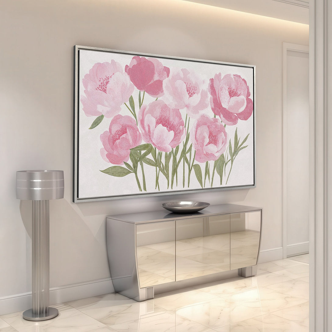 Framed Wall Art featuring pink peony flowers. Elegant floral art in a modern interior with a soft pink and green color palette. Perfect for home decor.