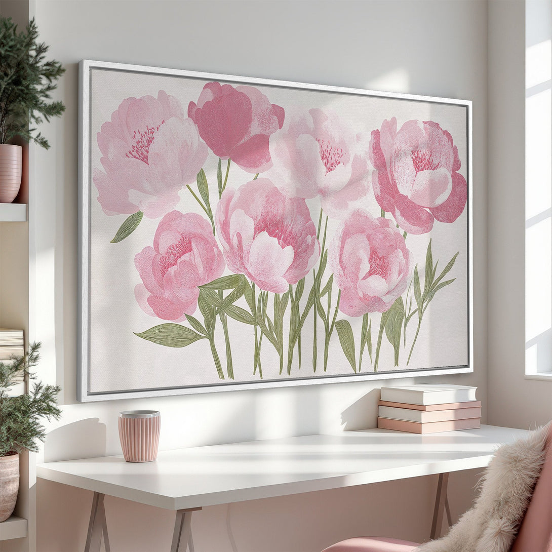 Framed Wall Art featuring watercolor peonies in shades of pink, perfect for adding a touch of floral elegance to your home decor.