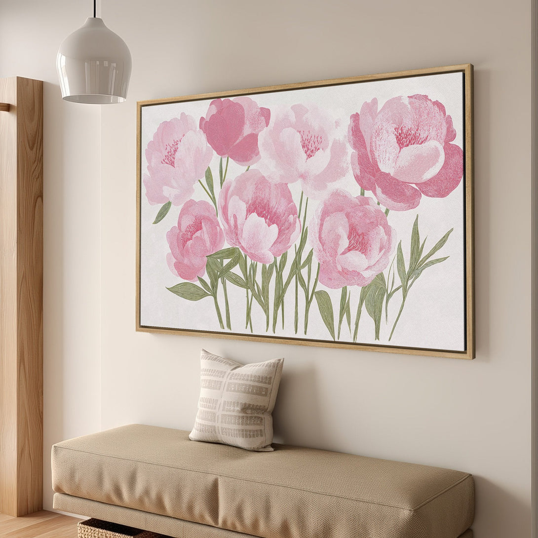Framed Wall Art featuring pink peony flowers. Floral canvas print in a soft, watercolor style with a pink and green color palette, perfect for home decor.