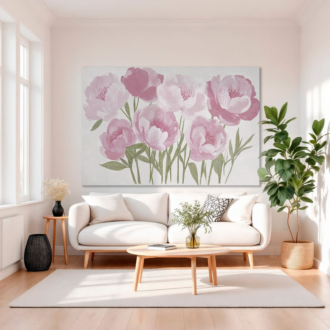 Framed Wall Art featuring pink peony floral art in a gold frame, displayed in a luxurious living room with a soft, elegant color palette.