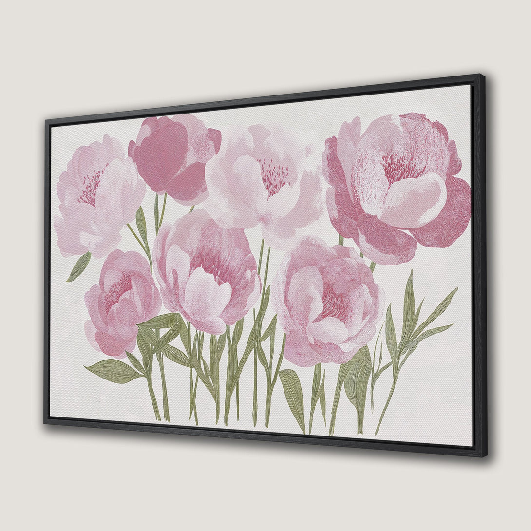Framed Wall Art of pink watercolor peonies. Elegant floral Canvas Print with a soft, romantic color palette, perfect for any space.