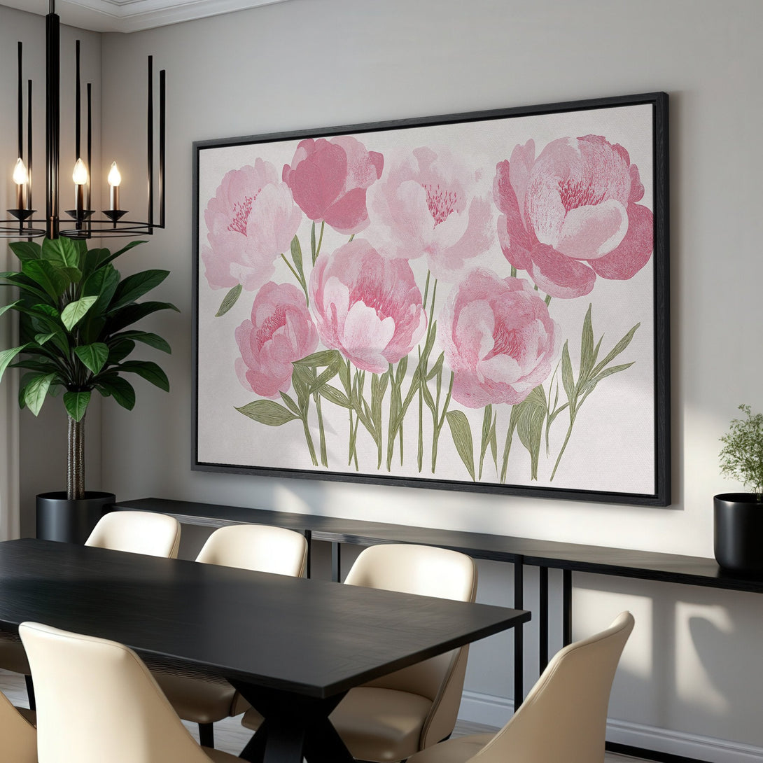 Framed Wall Art featuring watercolor pink peonies. Elegant floral canvas print in a modern interior, perfect for home decor.