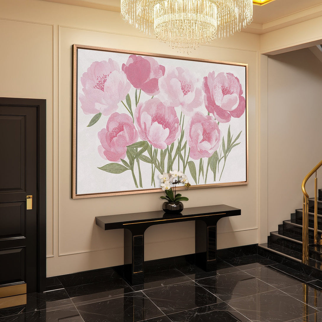 Framed Wall Art featuring watercolor pink peonies. Elegant floral Canvas Print for home decor. Soft color palette adds a touch of sophistication.