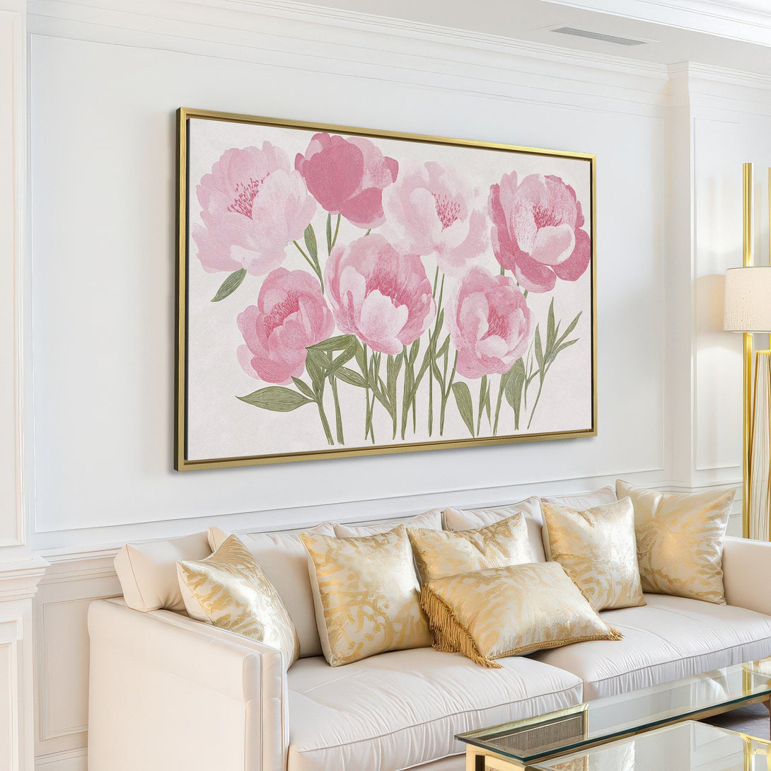 Canvas Print of pink peony flowers, botanical watercolor art, soft pink and green palette, perfect for modern home decor.