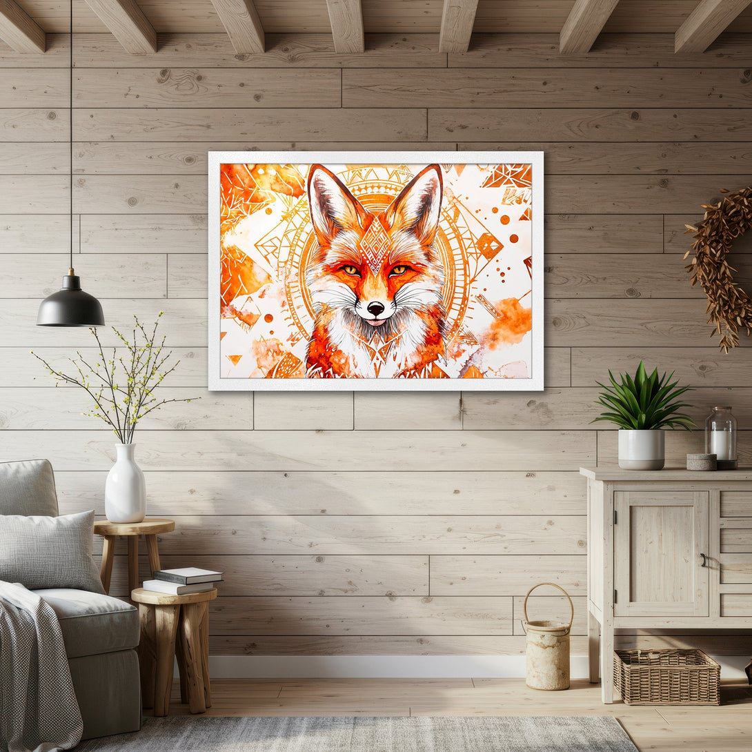 Framed Poster featuring a watercolor fox in orange and white, perfect for boho decor. Add a touch of nature to your space!