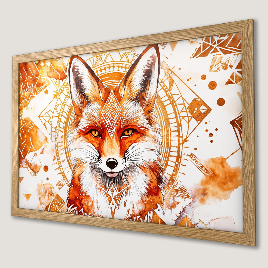 Framed Poster featuring a watercolor fox in warm orange tones with geometric accents. Perfect wall art for a stylish home.