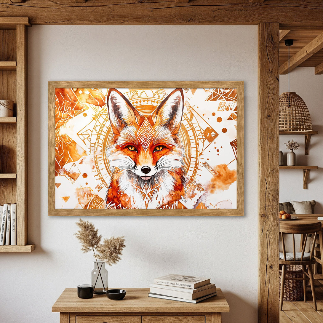 Framed Poster featuring a watercolor fox illustration in warm orange tones. Perfect art for your home!