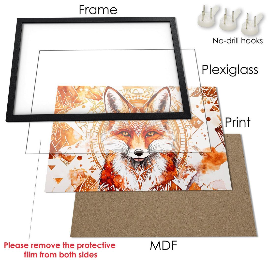 Framed Poster featuring a watercolor fox design in warm orange tones. Perfect wall art for a cozy, bohemian style.