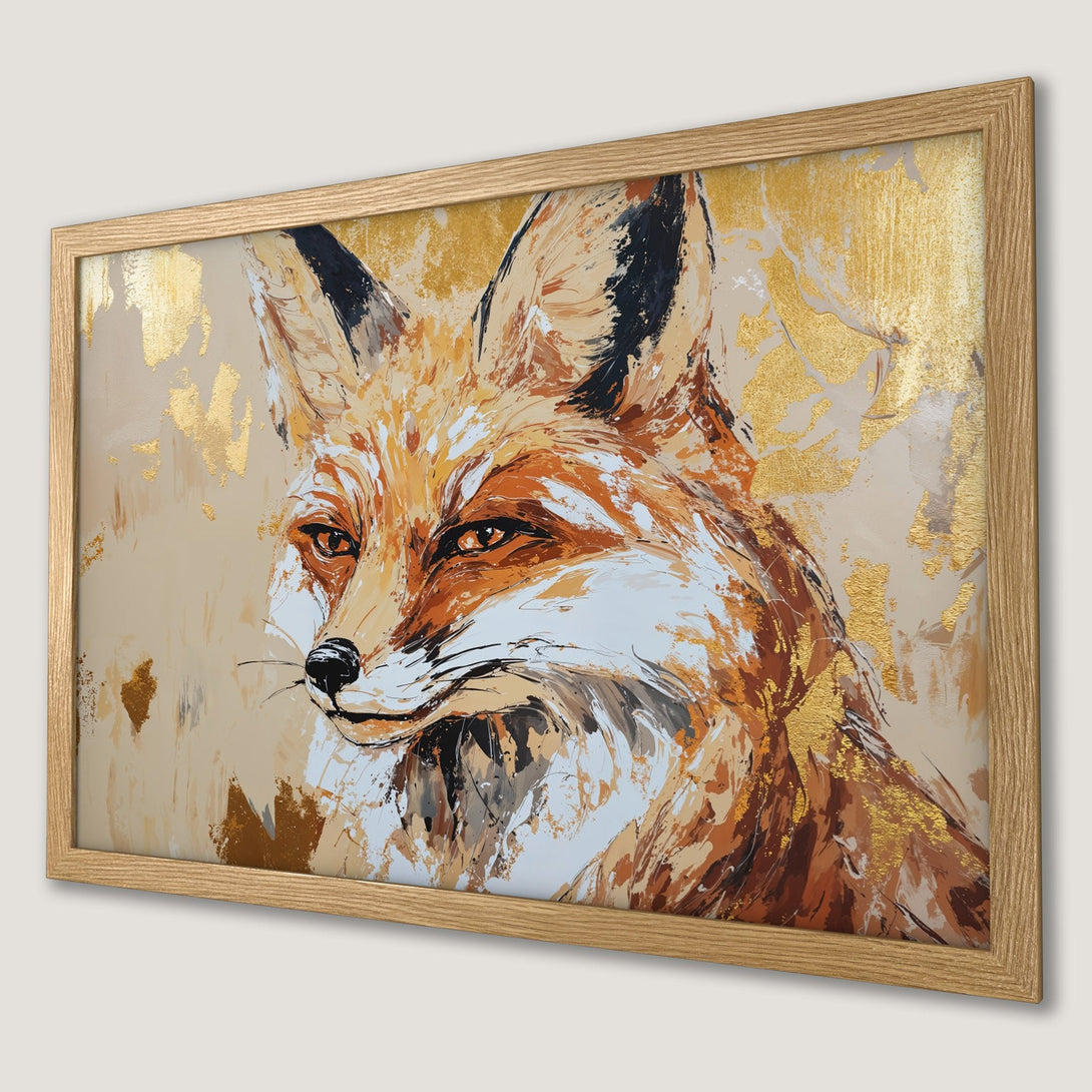 Framed Poster featuring a majestic fox in an abstract style with a warm, earthy color palette and gold accents. Perfect wall art!