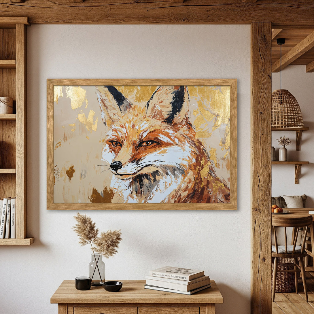 Framed Poster of a fox in warm tones. Abstract style with gold accents. Perfect for adding rustic charm to your space.