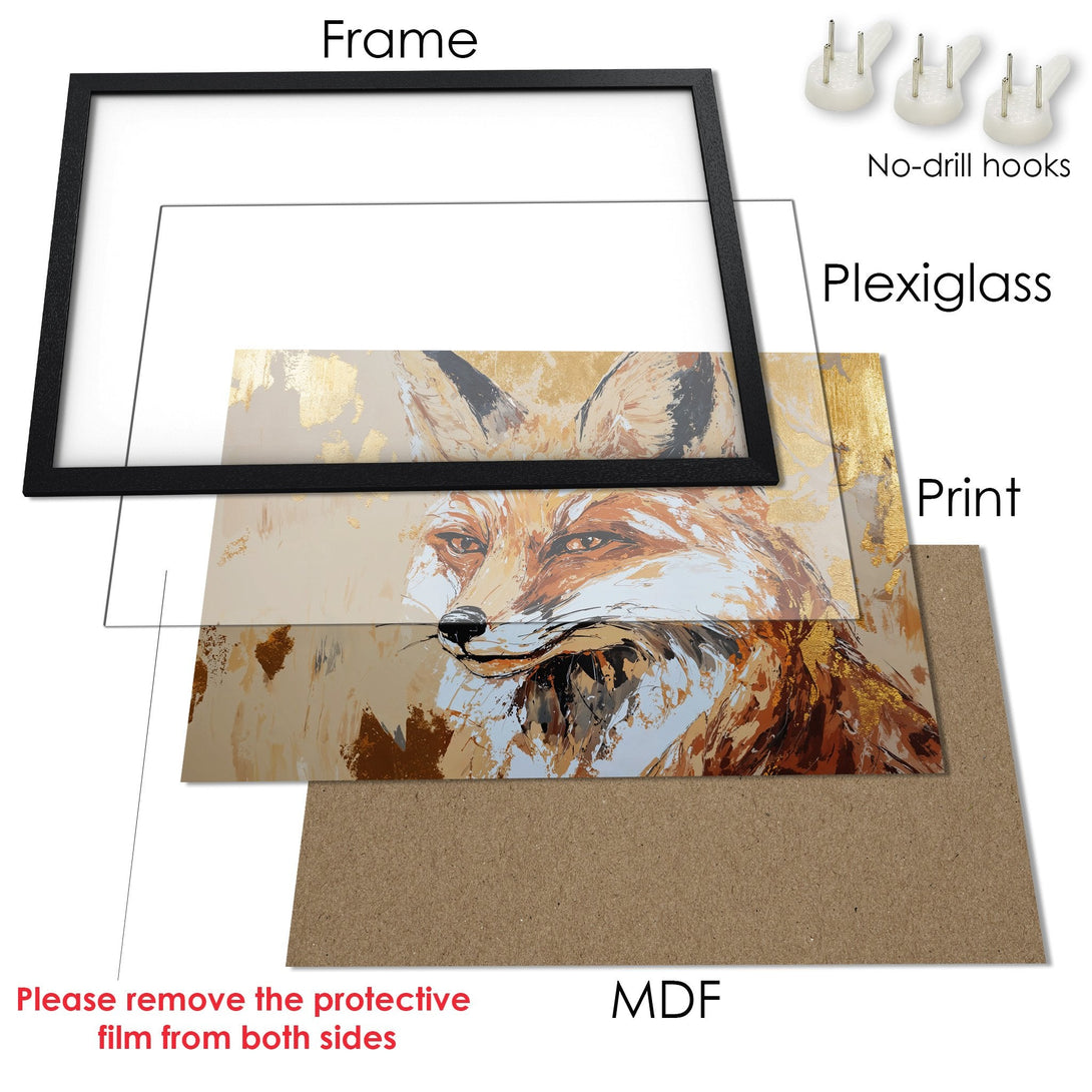 Framed Poster featuring a fox portrait in an abstract style with warm, earthy tones. Perfect wall art for any room.