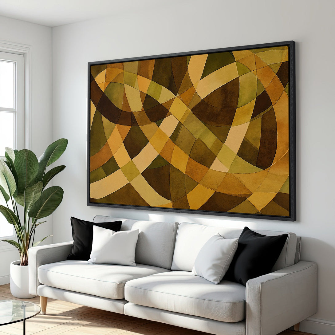 Framed Wall Art featuring an abstract geometric design in warm earth tones. Modern decor for living room. Canvas Print with a neutral color palette.