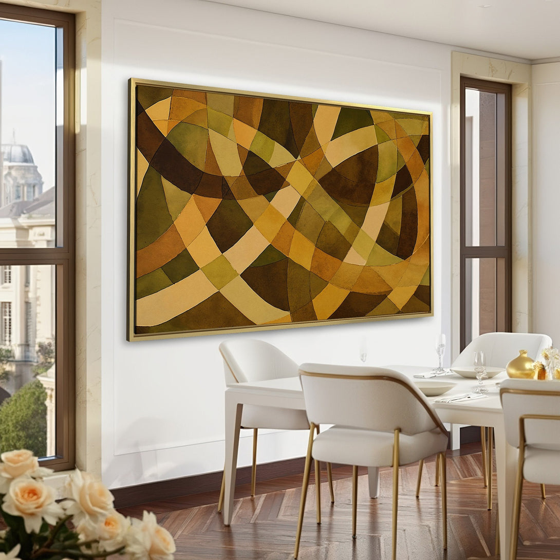 Abstract Canvas Print in warm earth tones, displayed in a sophisticated, green-walled interior. Perfect for adding a touch of modern art.