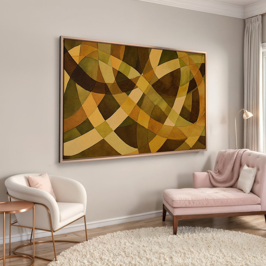 Framed Wall Art featuring an abstract geometric design in warm earth tones. Enhance your living room with this stylish canvas print!