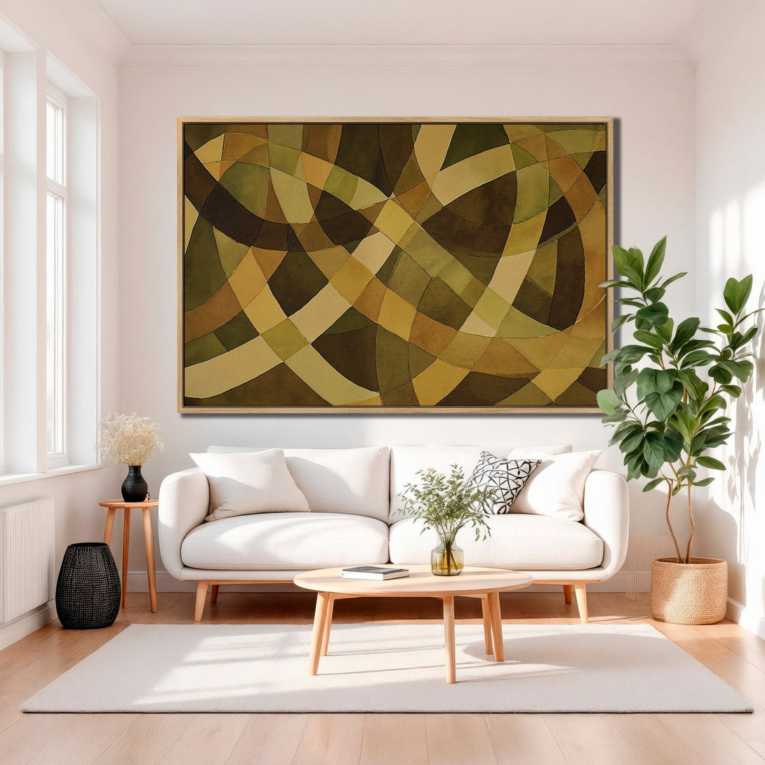 Framed Wall Art: Abstract geometric art in earthy tones of green and brown. Modern canvas print adds warmth and style to any living room.