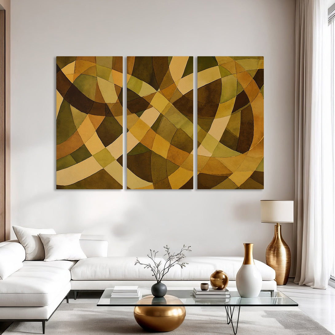 Canvas Print triptych featuring an abstract geometric design in warm earth tones. Modern art for living room decor, adds a touch of sophistication.
