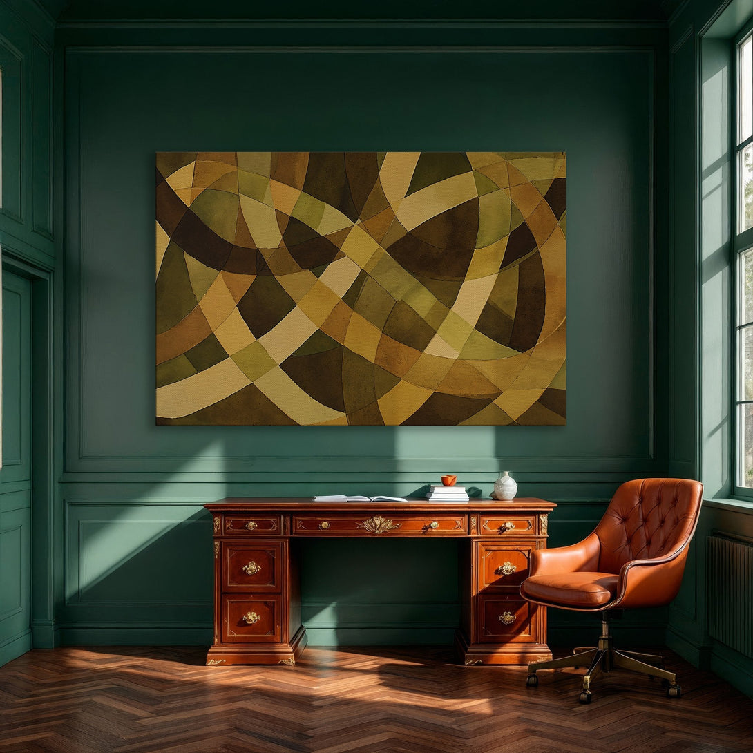 Framed Wall Art: Abstract geometric canvas print in warm earth tones. Modern art for dining room decor. Enhance your space with stylish wall art.