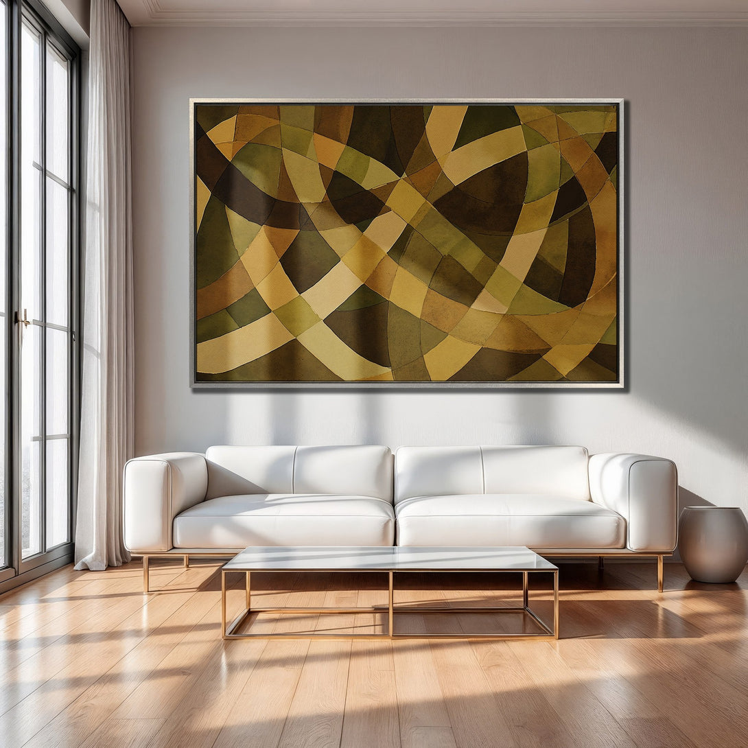 Framed Wall Art: Abstract geometric design in warm earth tones. Modern living room decor featuring a stylish canvas print.
