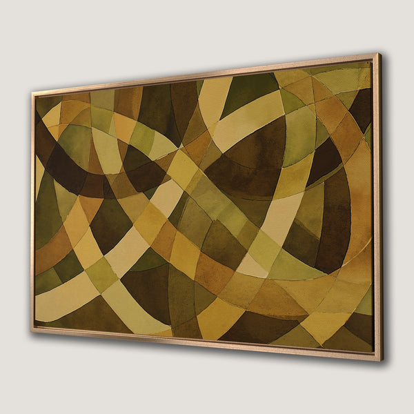 Framed Wall Art: Abstract geometric canvas print in earthy tones of green, brown, and yellow. Modern art for your home decor.