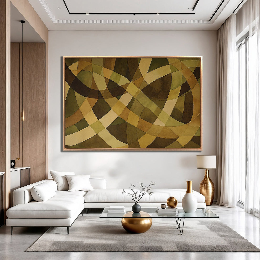 Framed Wall Art - Abstract geometric art in earthy tones of green and brown. Modern decor for living room. Add art to your home today!