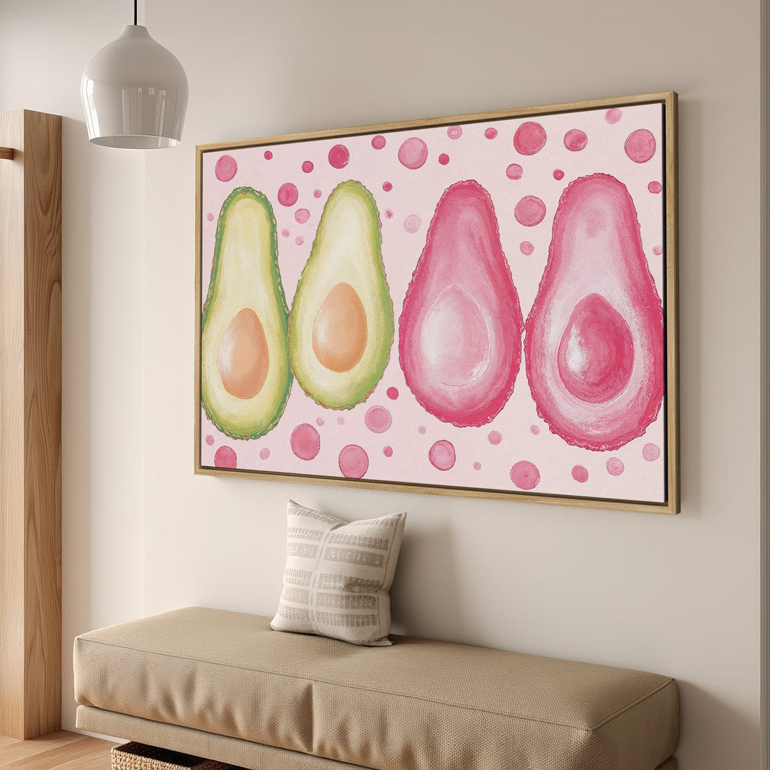 Framed Wall Art: Playful avocado print in pink and green hues. Modern, whimsical style perfect for kitchen or dining room decor. Canvas Print.