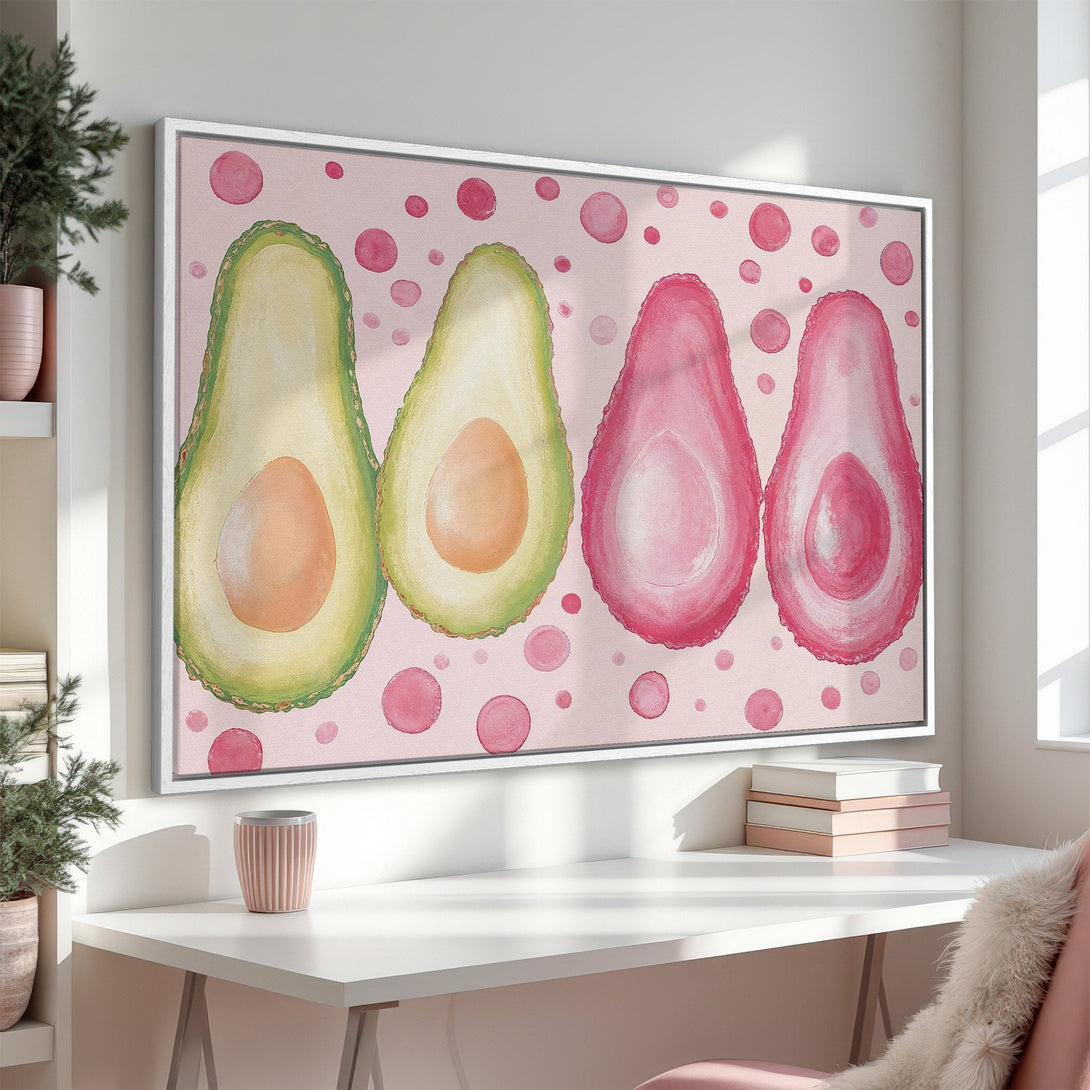 Canvas Print featuring watercolor avocados in pink and green, perfect for a modern, feminine interior. Shop Framed Wall Art today!