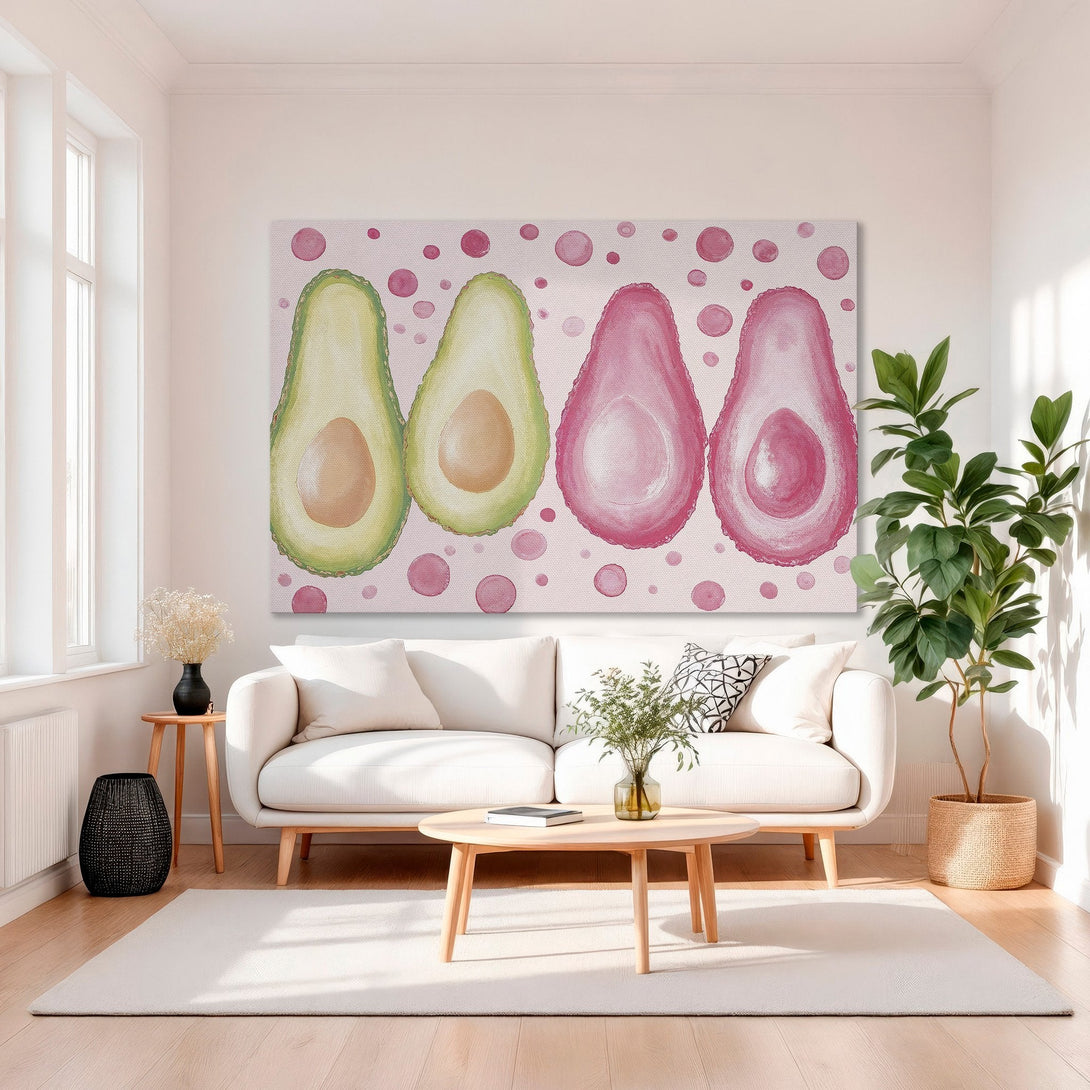 Framed Wall Art: Watercolor avocado print in pink & green. Modern, stylish canvas print for kitchen or dining room decor. Adds a pop of color!