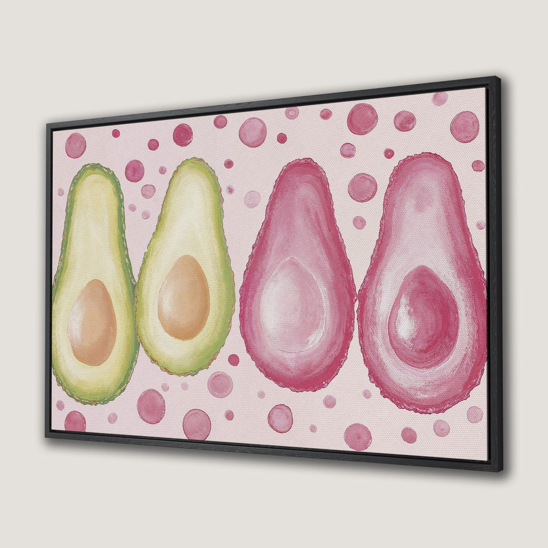 Canvas Print featuring watercolor avocados in pink and green hues, perfect for kitchen decor. Modern art with a playful style.