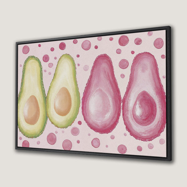 Canvas Print featuring watercolor avocados in pink and green hues, perfect for kitchen decor. Modern art with a playful style.