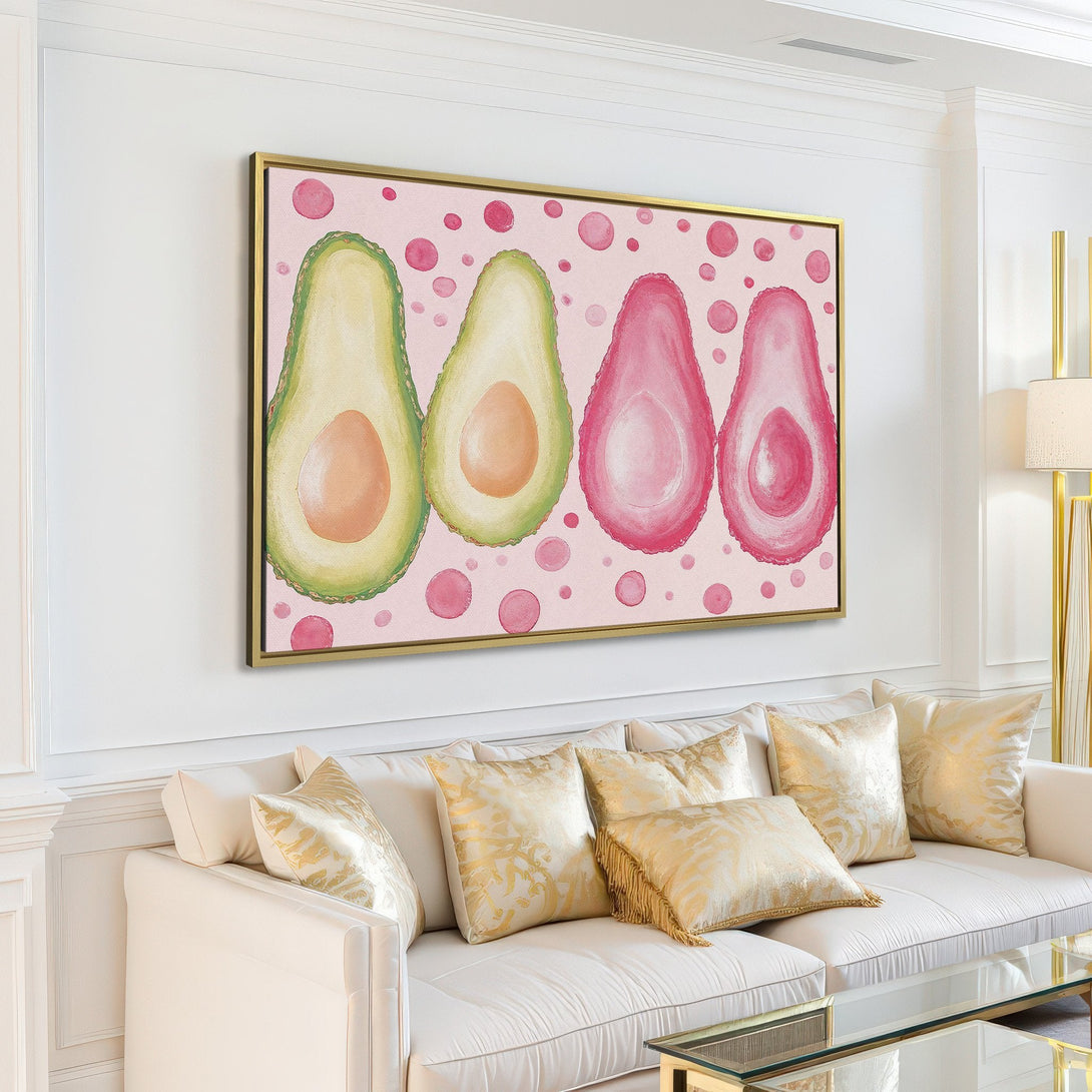 Canvas Print featuring watercolor avocado halves in green and pink, perfect for kitchen or dining room decor. Modern, colorful wall art.
