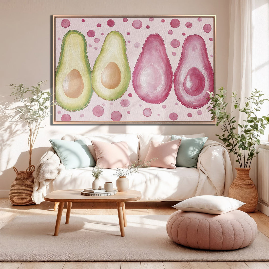 Framed Wall Art: Watercolor avocado print in pink and green, displayed in a cozy living room. Modern, stylish decor with a soft, pastel color palette.